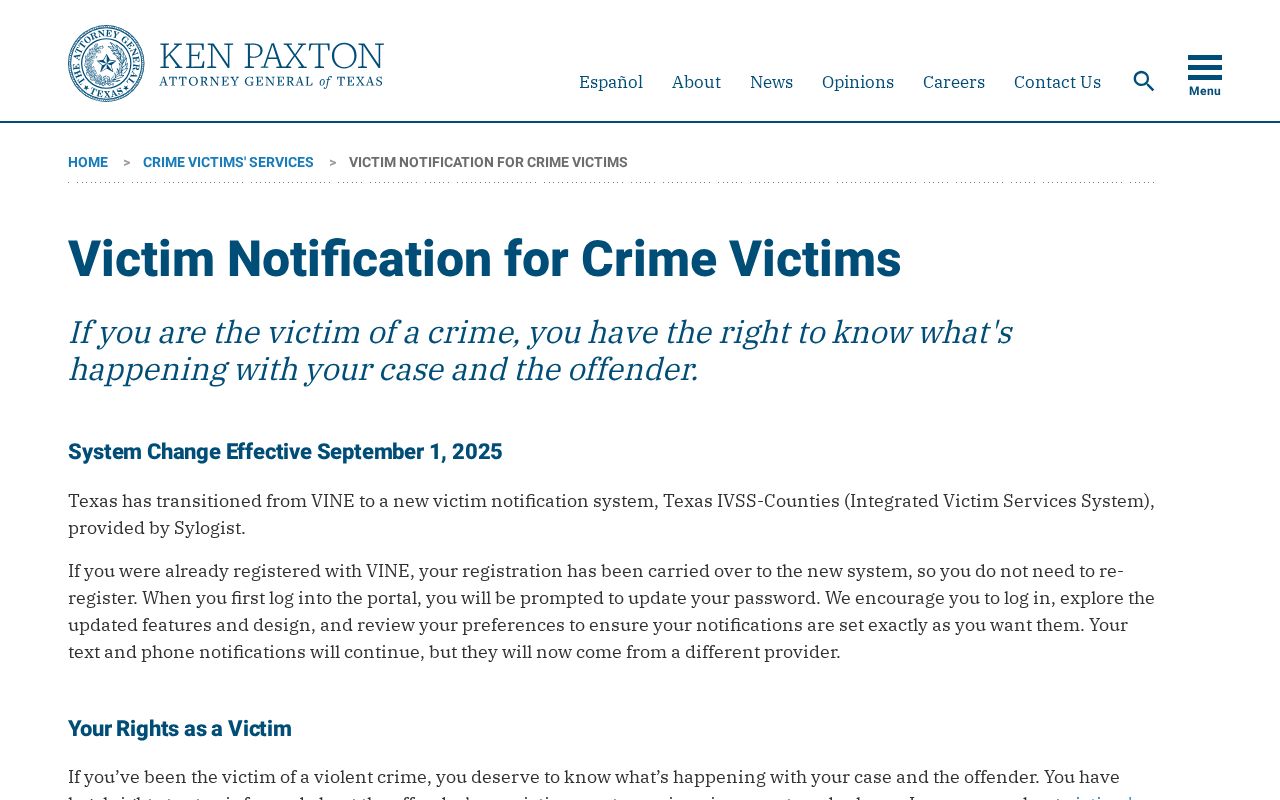 Texas Attorney General victim notification page directing users to the current county notification system